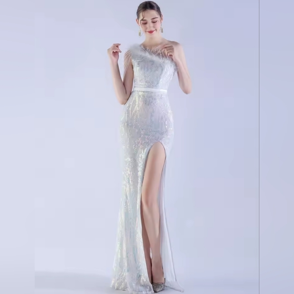Opalescentl,Ostrich Feathers, Beaded, Geo ,Sequined Gown- CUSTOM MADE